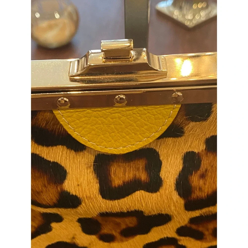Claudia‎ Firenze Leopard Calf Hair Leather Satchel Bag Yellow Trim Made in Italy